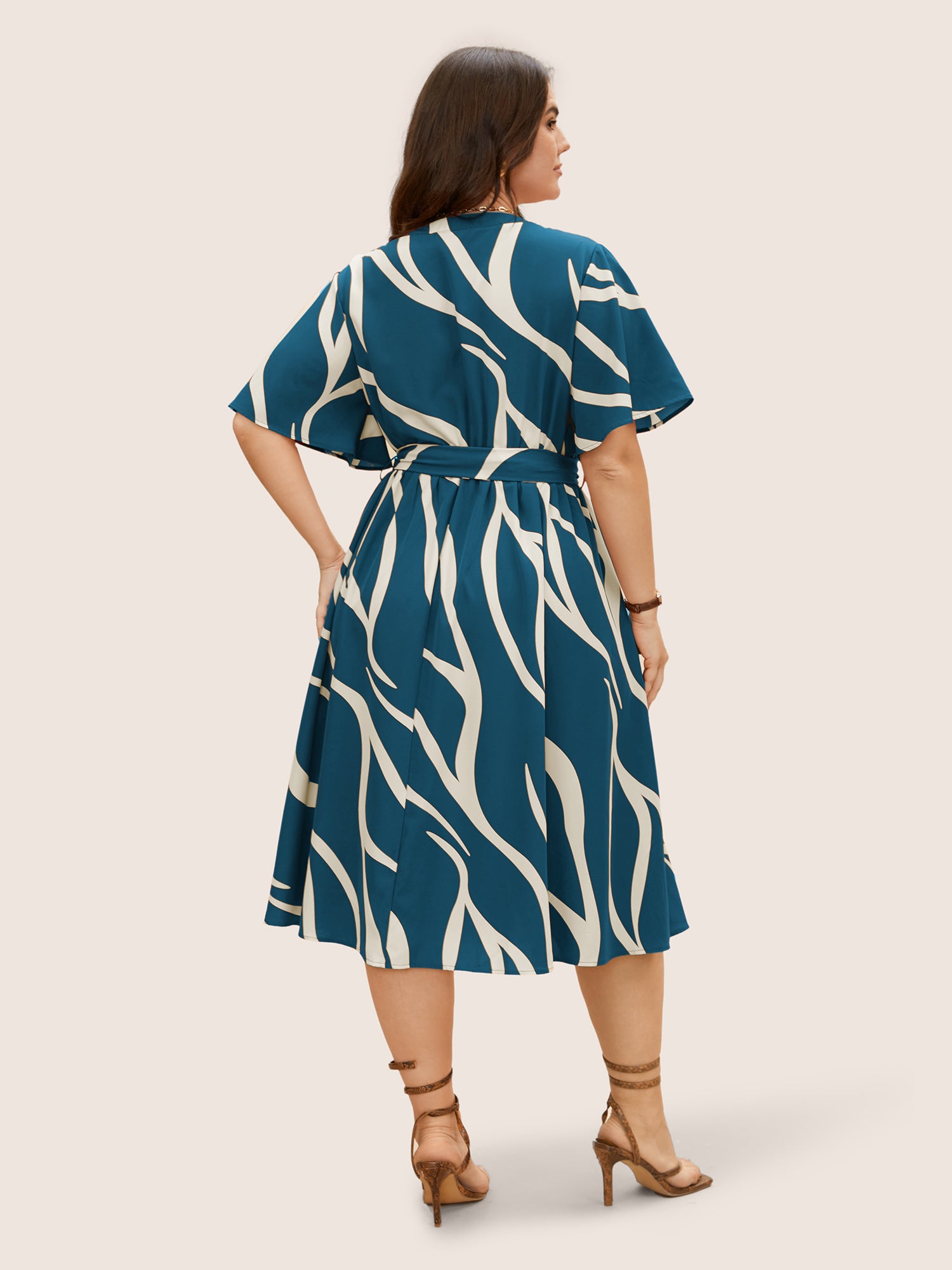 Geometric Surplice Neck Tie Knot Midi Dress