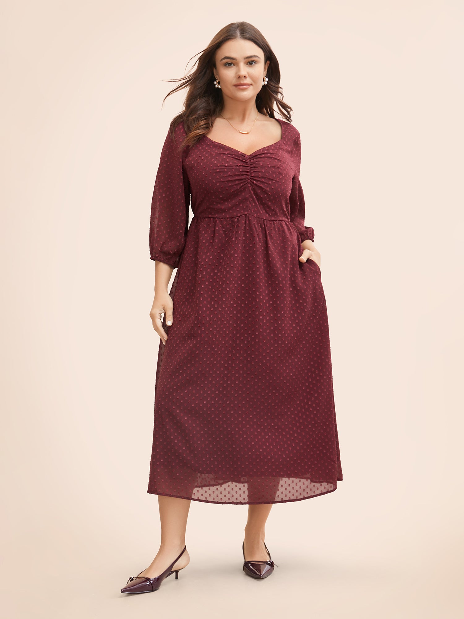 Plain Textured Ruched Lantern Sleeve Dress