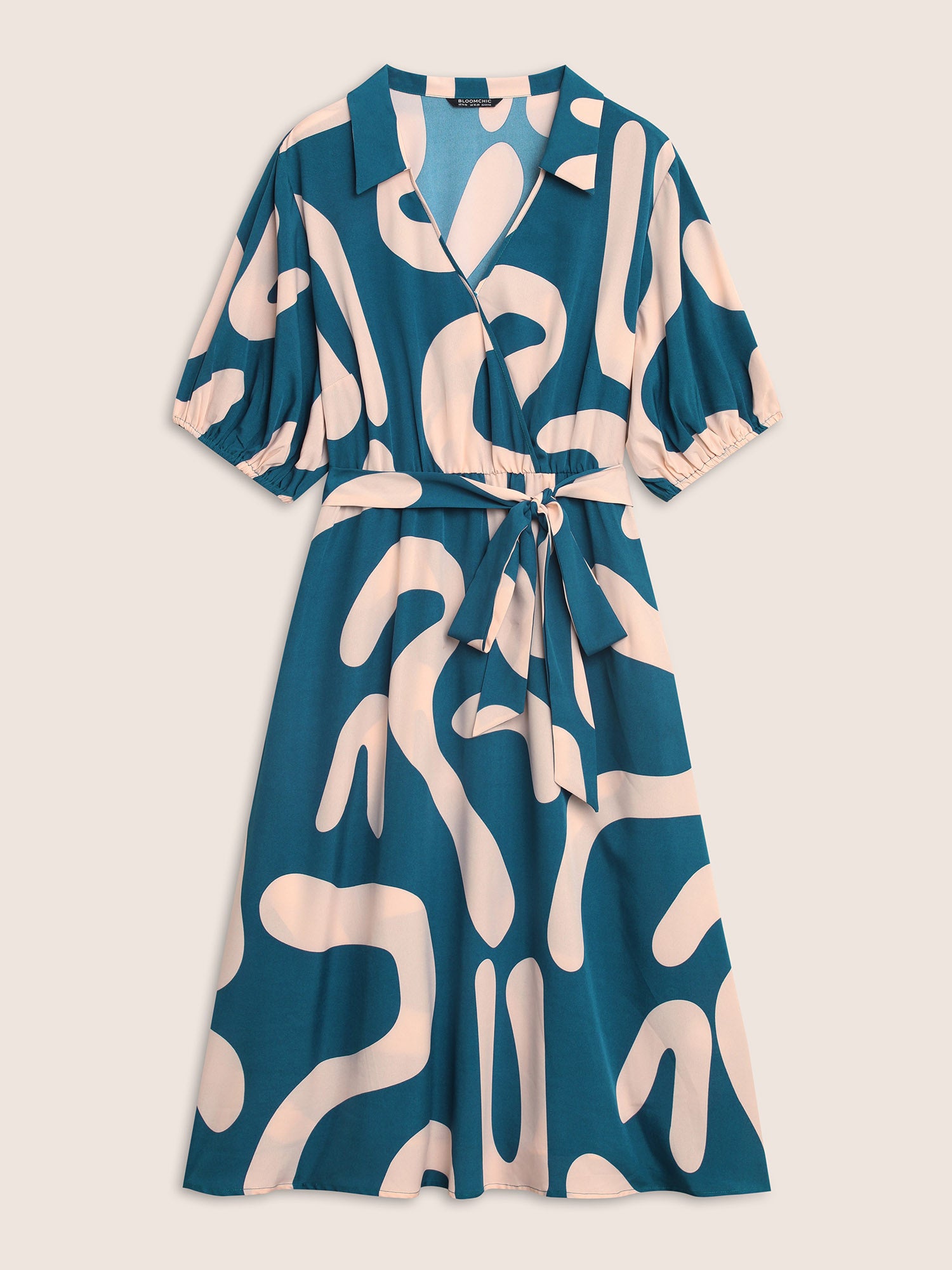 Shirt Collar Contrast Geometric Belted Midi Dress