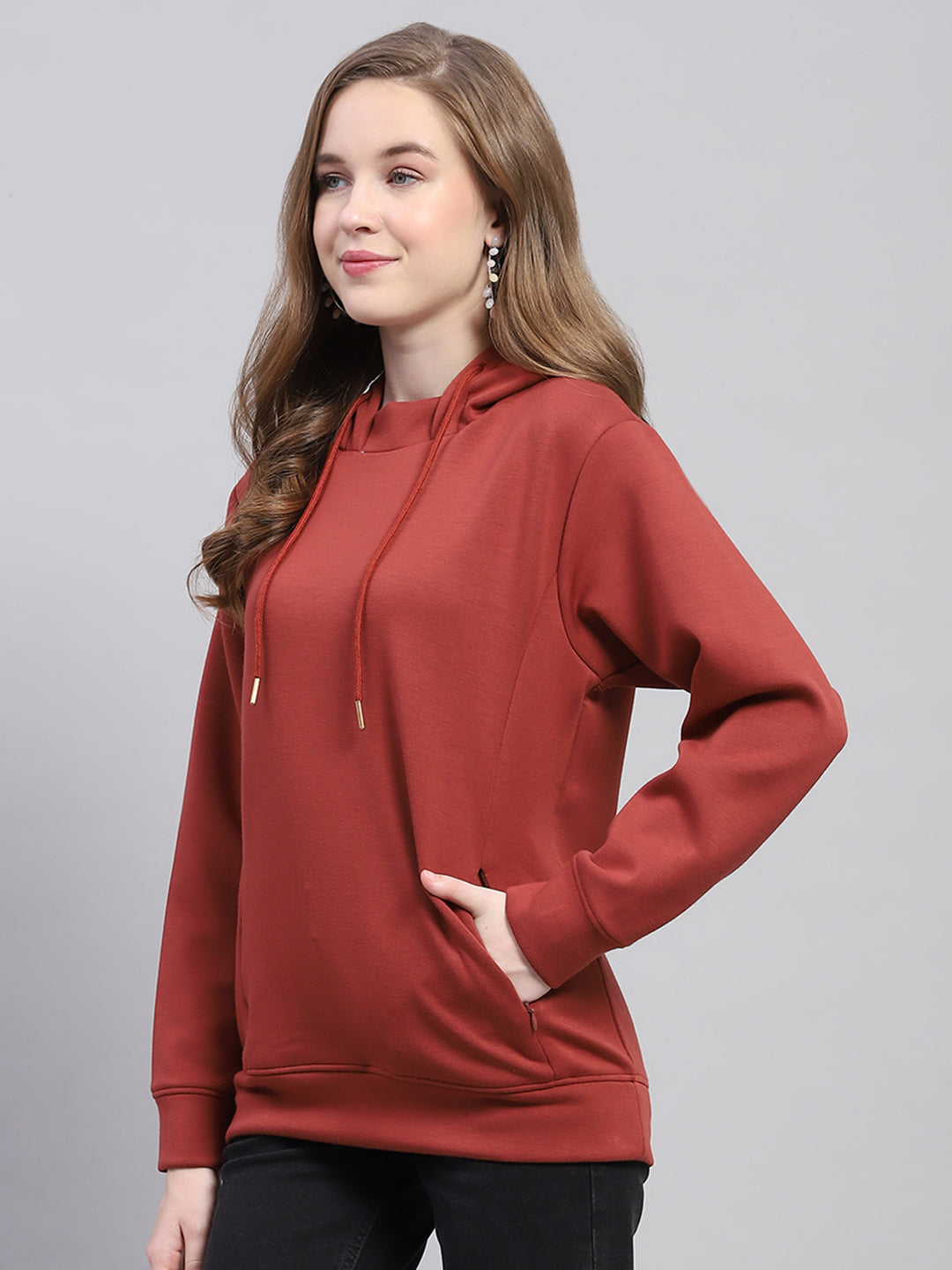 Women Rust Solid Hooded Full Sleeve Sweatshirt