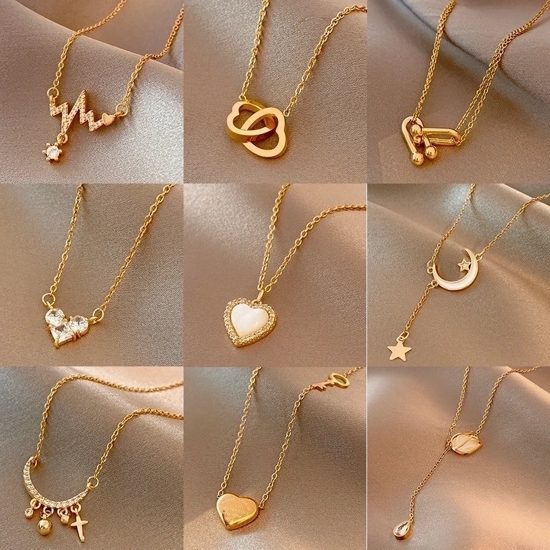 Elegant Minimalist Geometric Titanium Steel Plating Inlay Artificial Pearls Shell Zircon Necklace