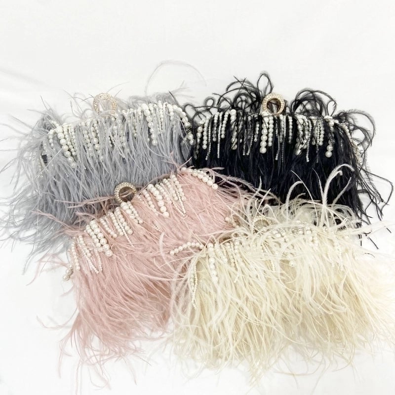 Light Grey Black Pink Polyester Solid Color Tassel Pearl Square Evening Bags