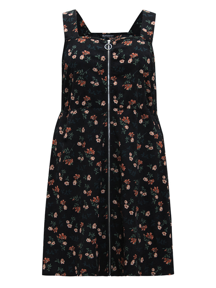 Ditsy Floral Corduroy Pocket Zipper Fly Cami Dress