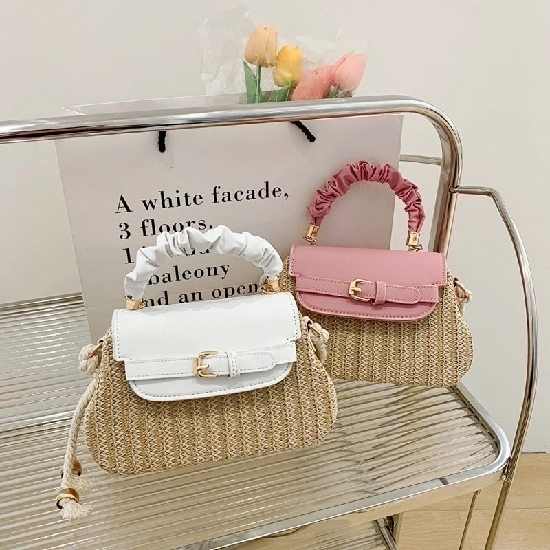 Women's Small Straw Color Block Fashion Weave Square Flip Cover Handbag