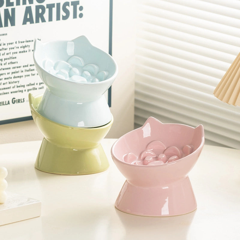 Cat Bowl Ceramic High Foot Slow Food Anti-choking Neck Protection Anti-spilt Pet Cat Dog Rice Bowl Cat Food Cat Food Basin