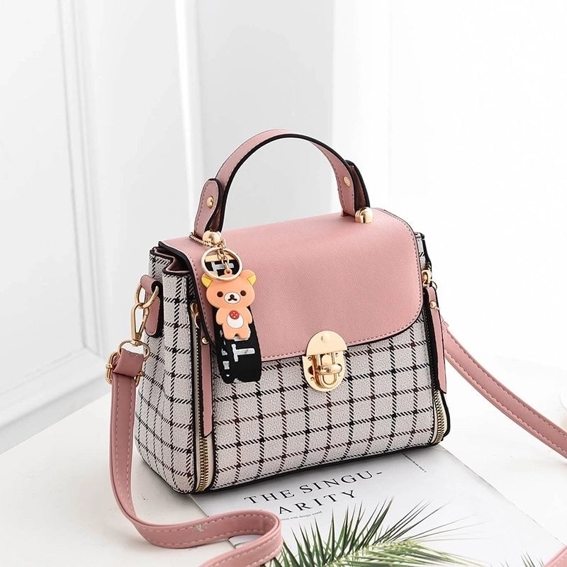 Women's Medium Pu Leather Plaid Cute Ornament Square Flip Cover Crossbody Bag