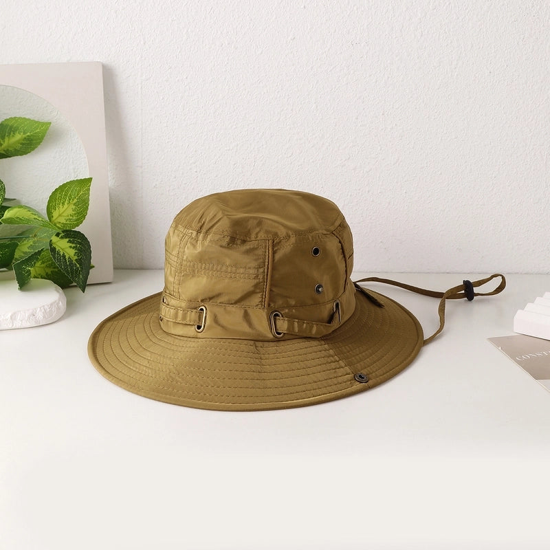 Women's Casual Japanese Style Solid Color Iron Button Wide Eaves Bucket Hat