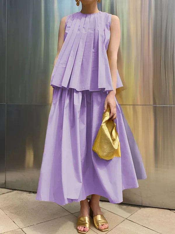 A-Line Loose Pleated Solid Color Round-Neck Vest Top