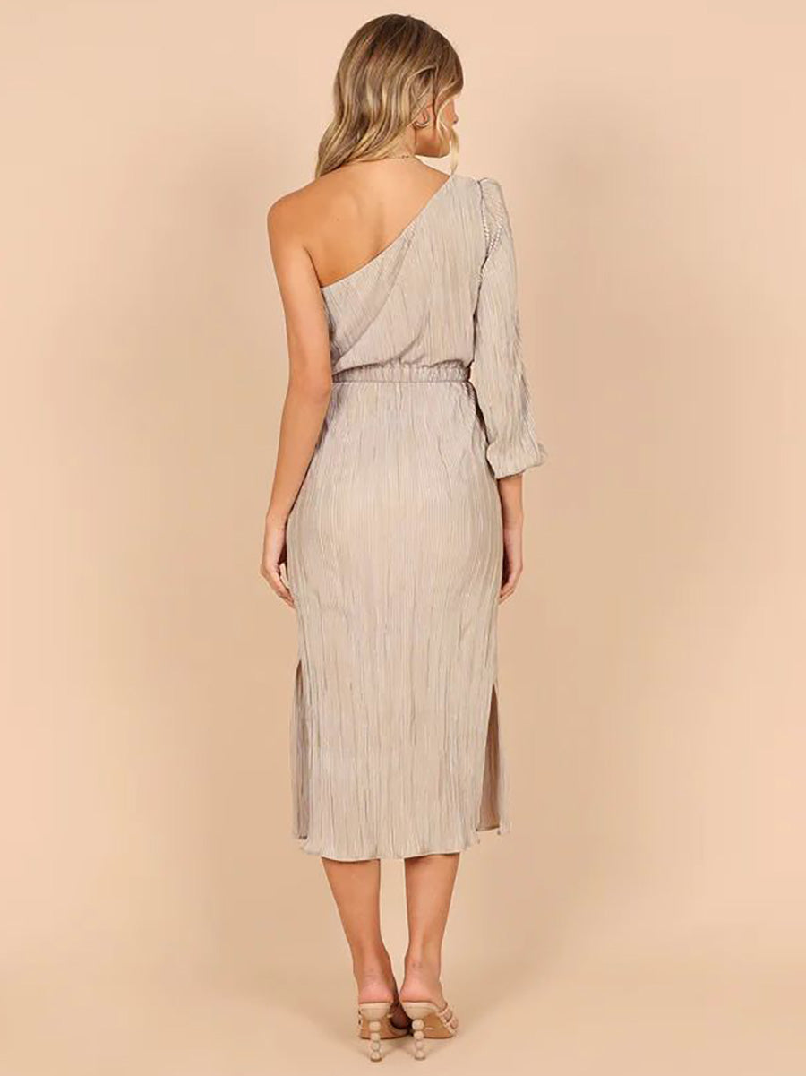 One-Shoulder Slash Neck Solid Color Party Dress(3 Colors)