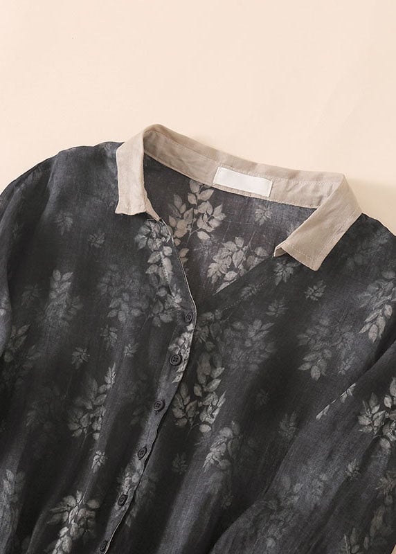 Vintage Black Grey Peter Pan Collar Drawstring Print Linen Holiday Dress Half Sleeve