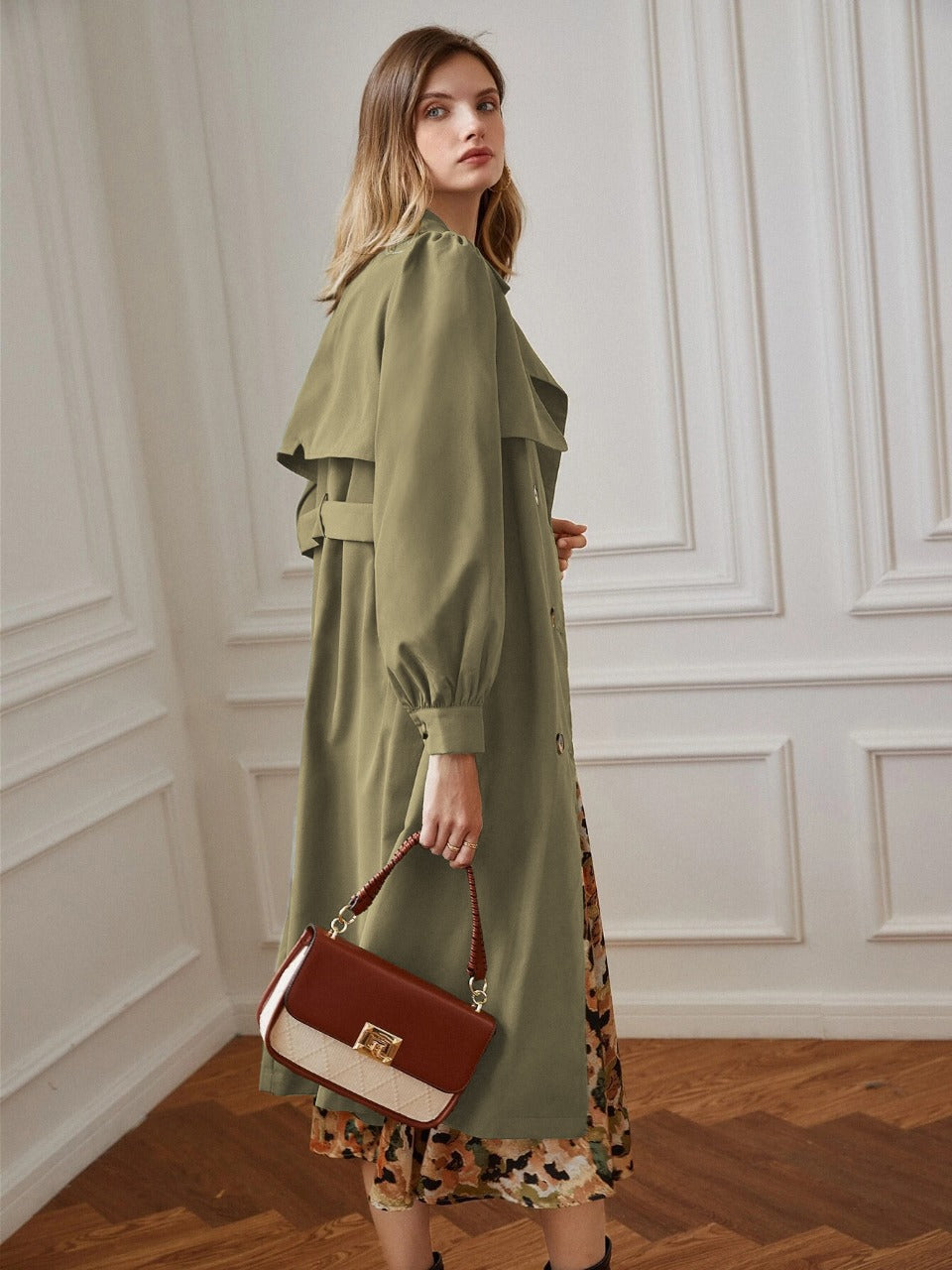 Double Breasted Bishop Sleeve Belted Trench Coat