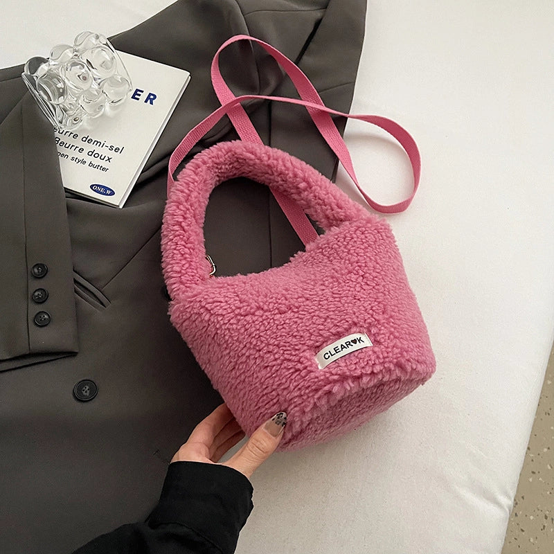 Women's Plush Solid Color Cute Bucket Magnetic Buckle Shoulder Bag Handbag Crossbody Bag