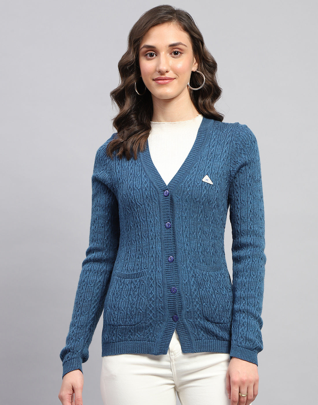 Women Navy Blue Self Design V Neck Full Sleeve Cardigan