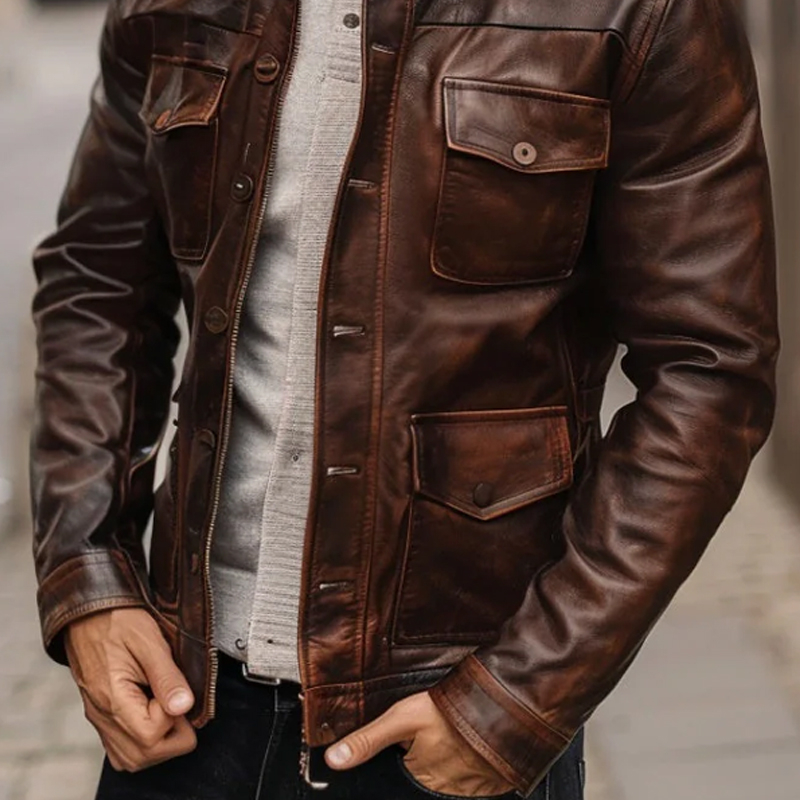 Vintage Men's Distressed PU Leather Lapel Single Breasted Jacket