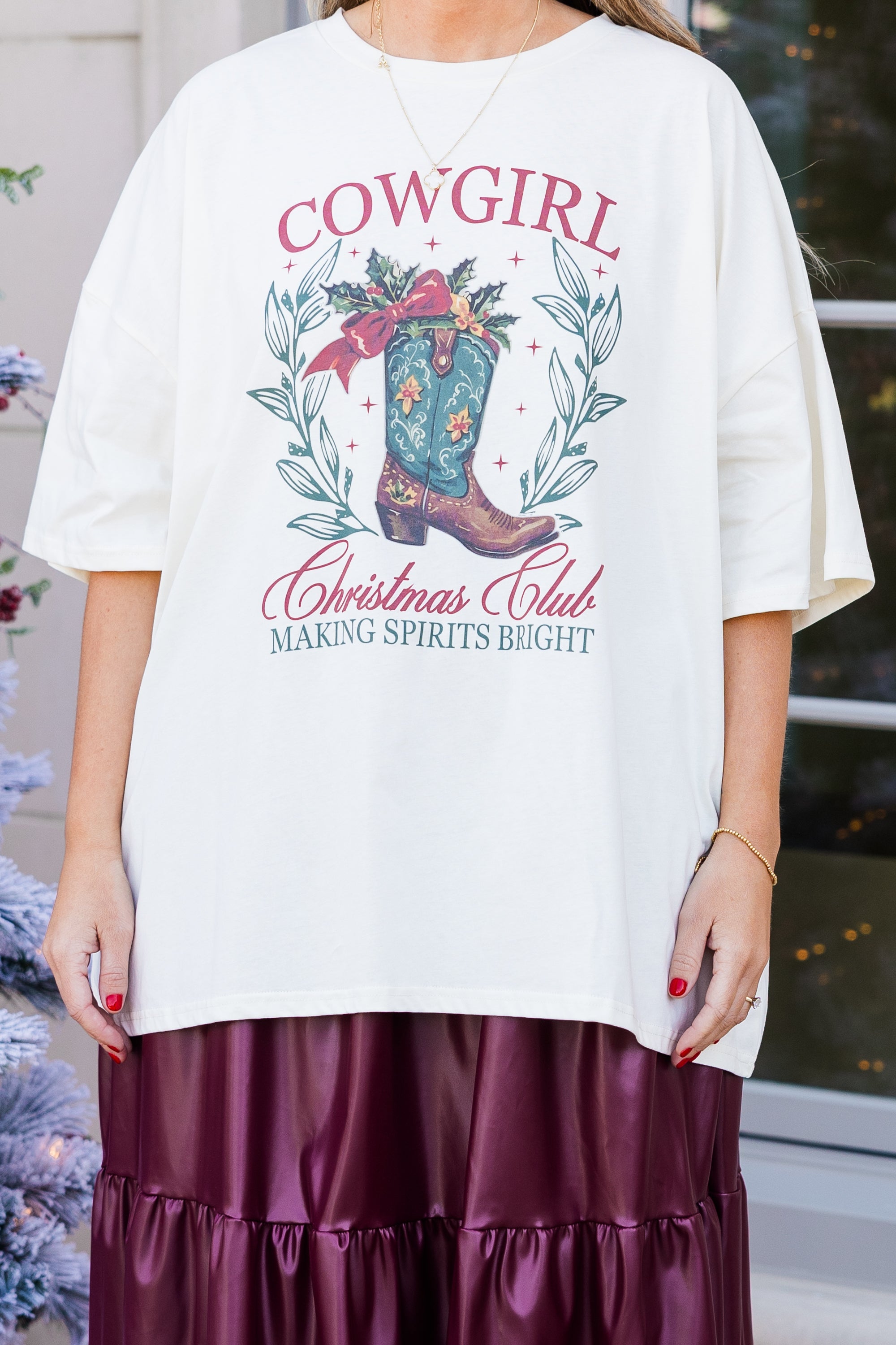 Cowgirl Christmas Boyfriend Tee. Ivory