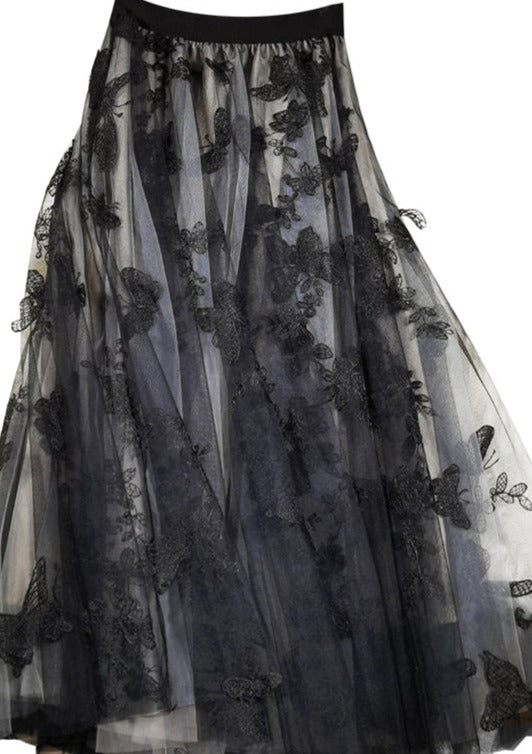 Elegant Black Embroidered Butterfly tulle High Waist Summer Skirts