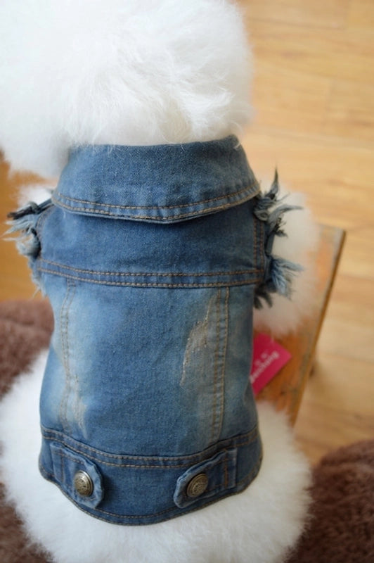 Shell Pet Dog Dog Clothes Teddy Vip Bichon Pet Autumn And Winter Clothing Retro Scratch Pattern Personalized Denim Vest