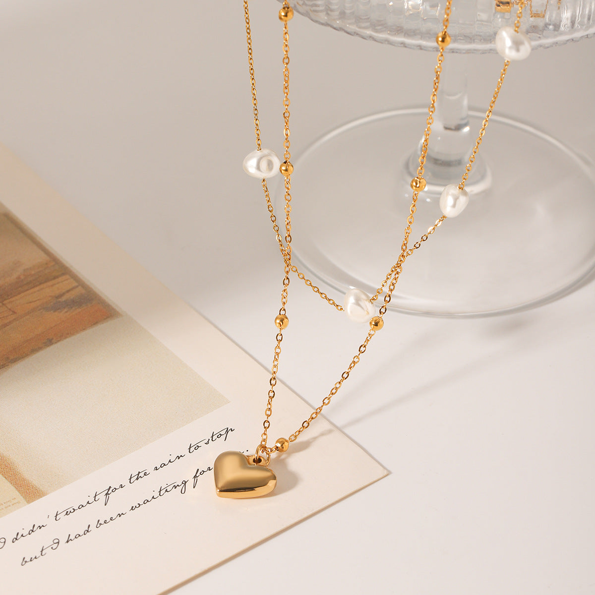Stainless Steel Love Pendant Double Layer Pearl Necklace Female Clavicle Chain Titanium Steel Necklace