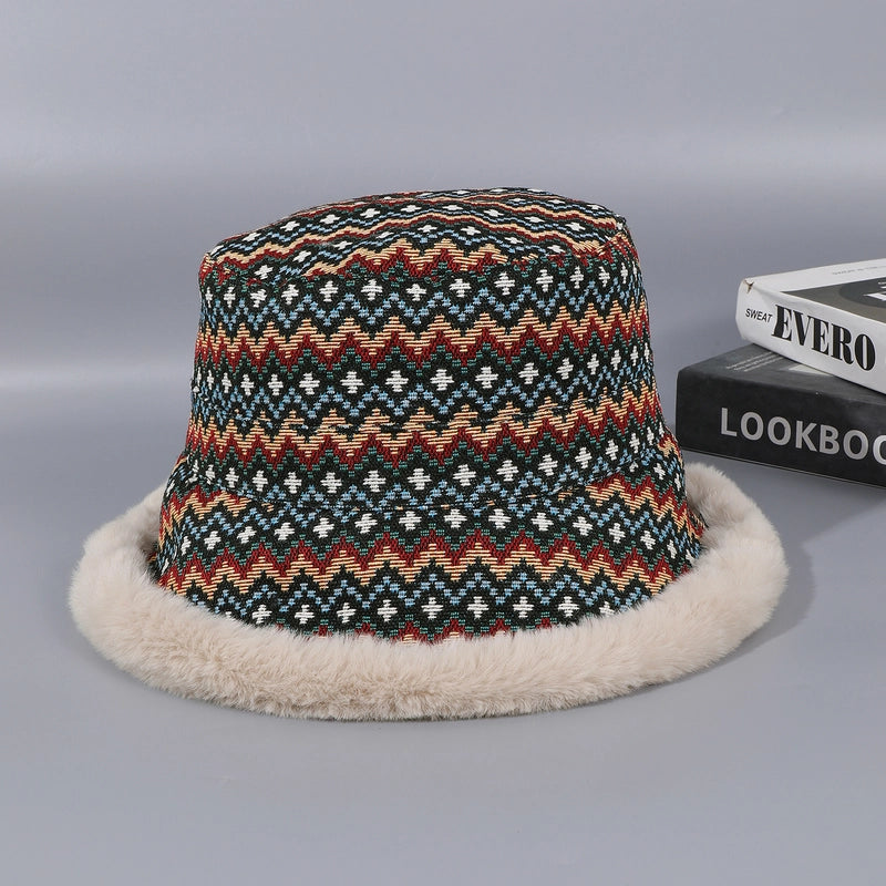 Women's Casual Vacation Ethnic Style Color Block Plush Wide Eaves Bucket Hat