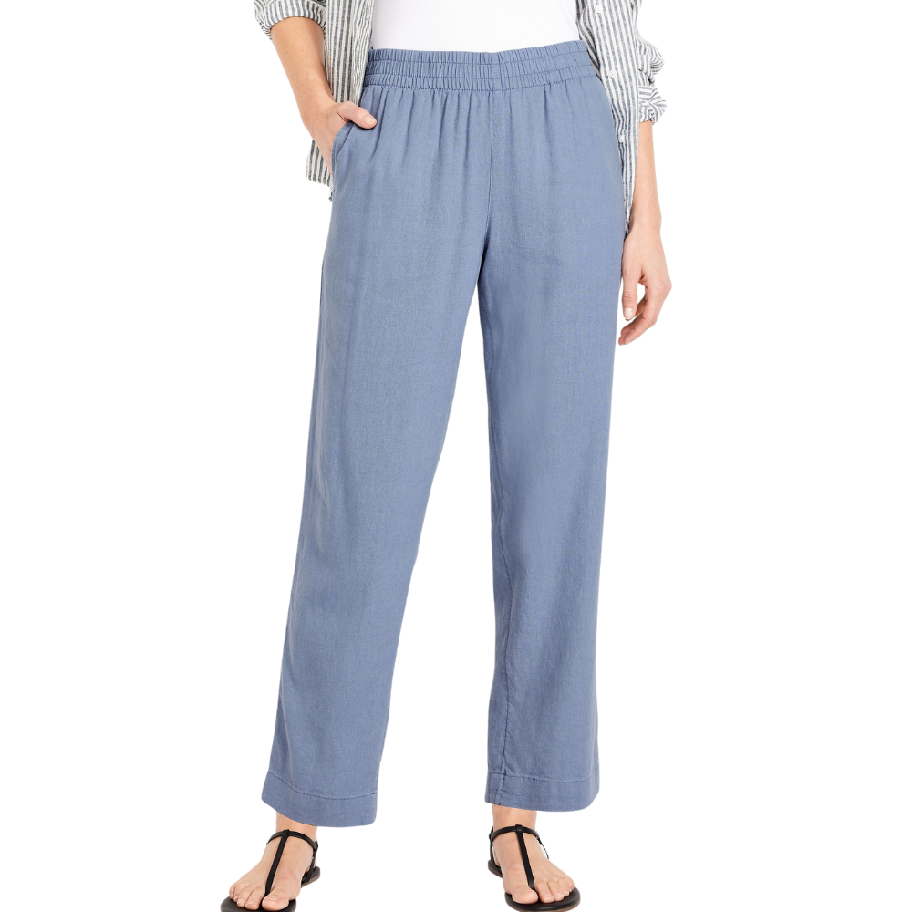 High Waisted Linen Blend Straight Ankle Pants