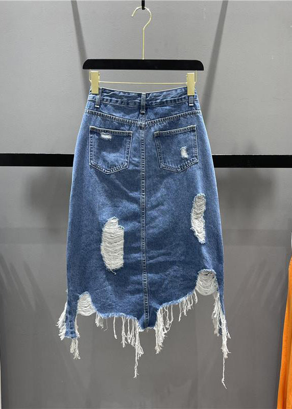 Chic Blue Asymmetrical Pockets Tassel Hole Denim Skirts