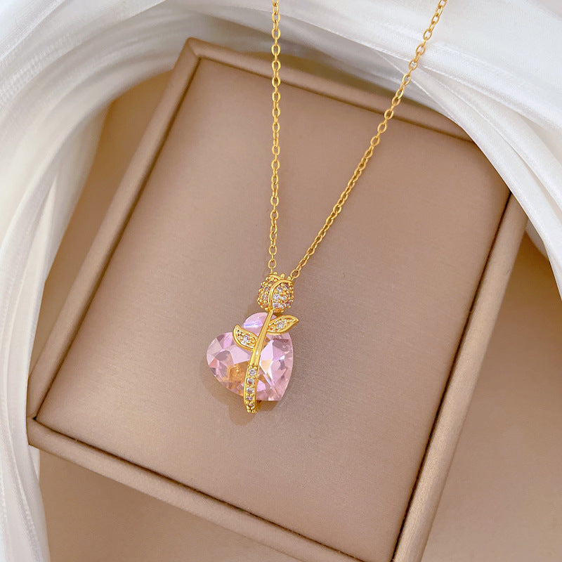 Pink Love Rose Fashion Gorgeous Full Diamond Necklace Women'S All-Match Clavicle Chain Titanium Steel