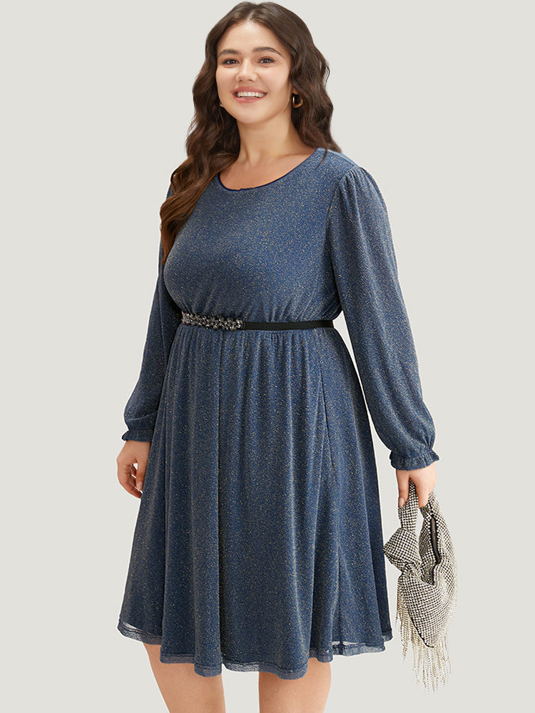 Glitter Crew Neck Pocket Pleated Dress