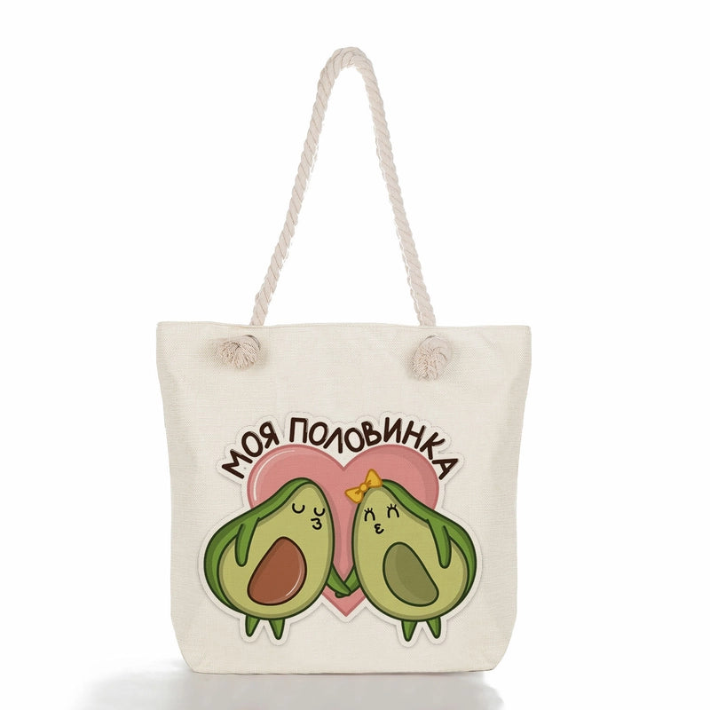 Women's Medium Linen Fruit Cute Classic Style Square Zipper Tote Bag Beach Bag