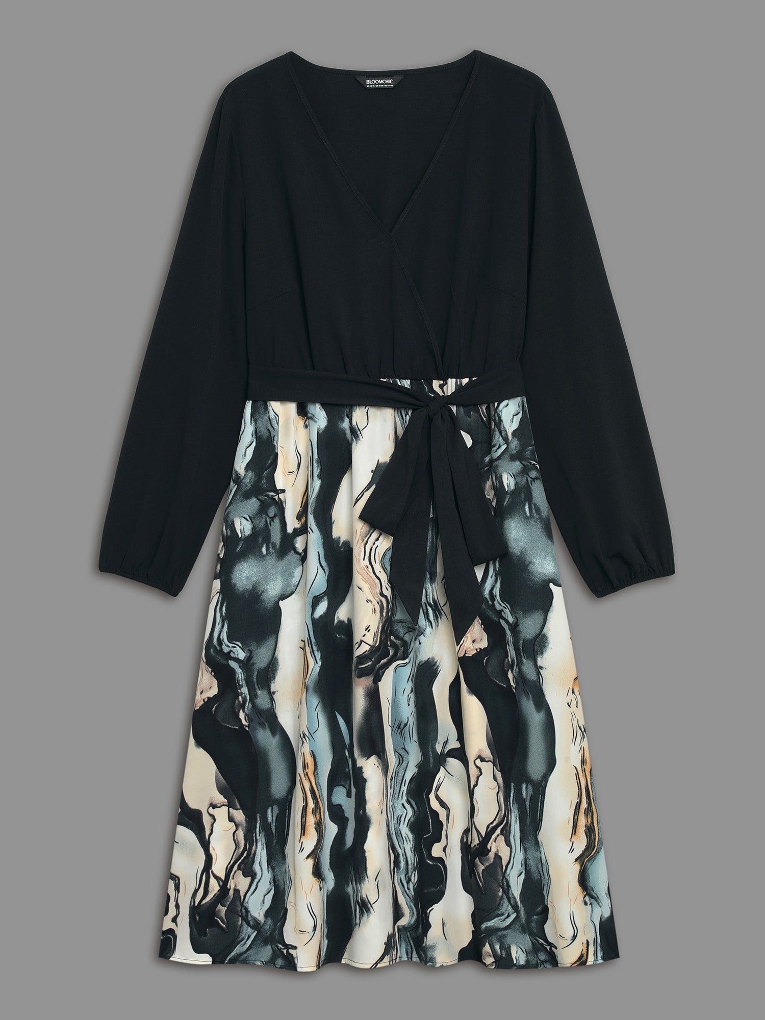 Surplice Neck Marble Print Belted Dress