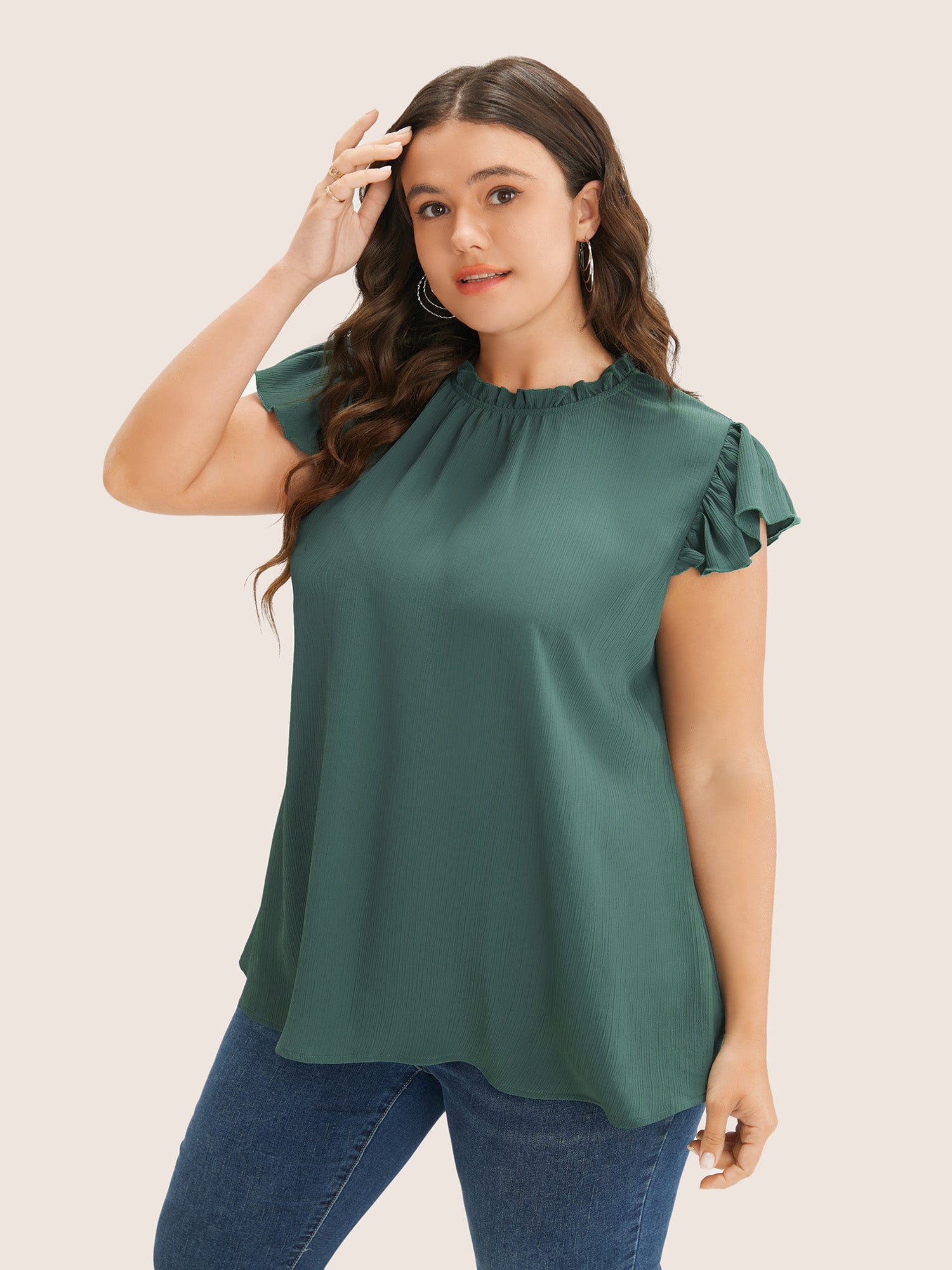 Plain Mock Neck Cap Sleeve Ruffle Trim Blouse