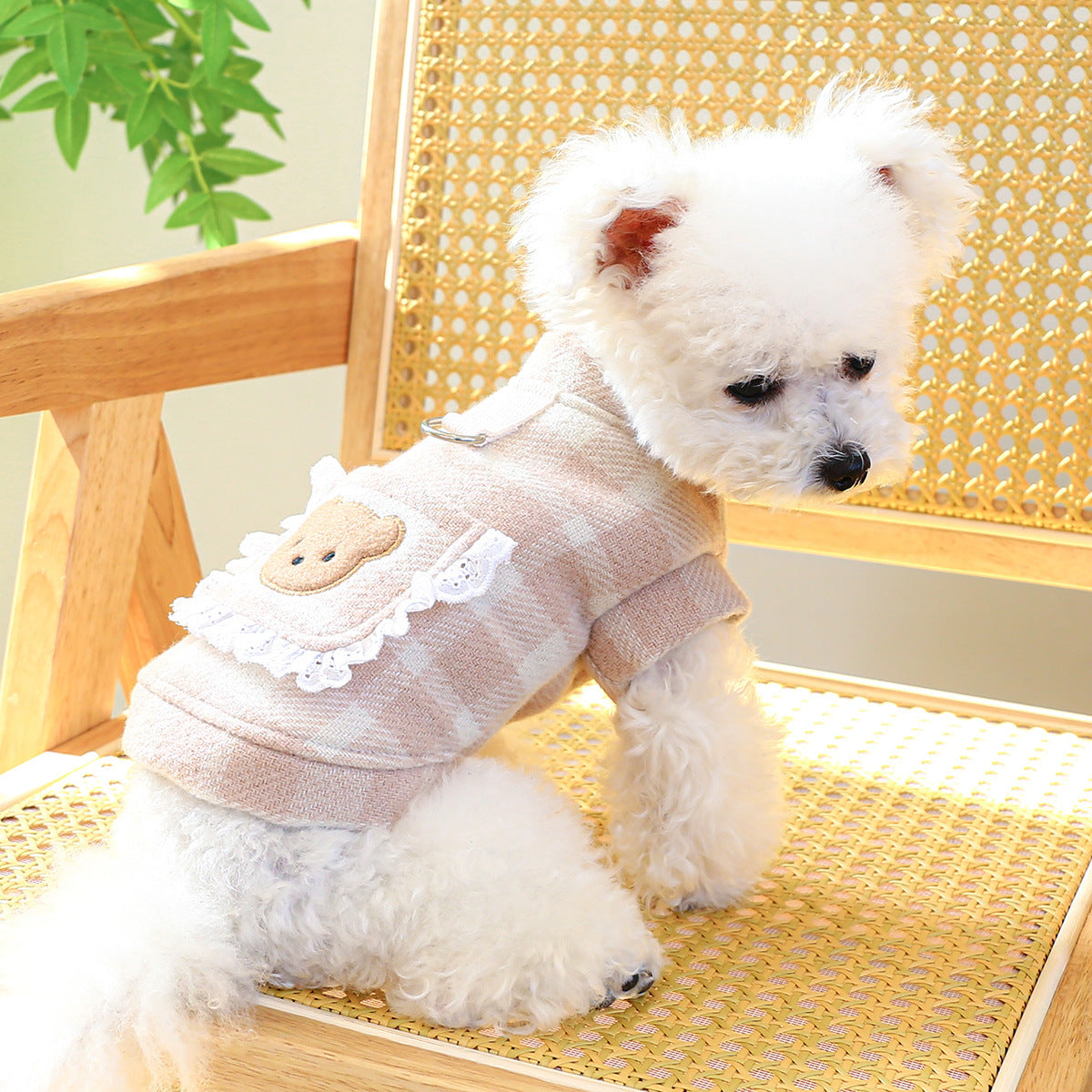 Pink Bear Printed Plaid Dog Dress/Hoodie