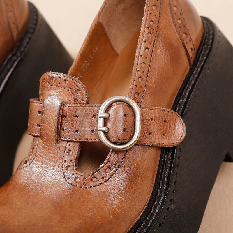 Brogue T-Strap 52mm Washed Cowhide Platform Mary Jane Shoes in Black/Coffee