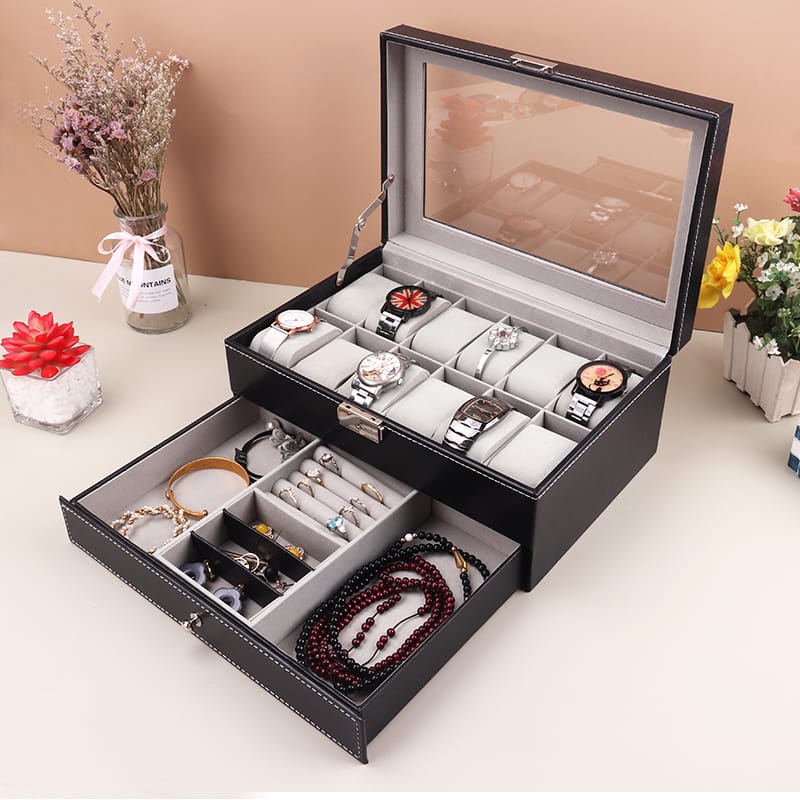 12X SLOTS DOUBLE LAYERS LEATHER WATCH STORAGE BOX