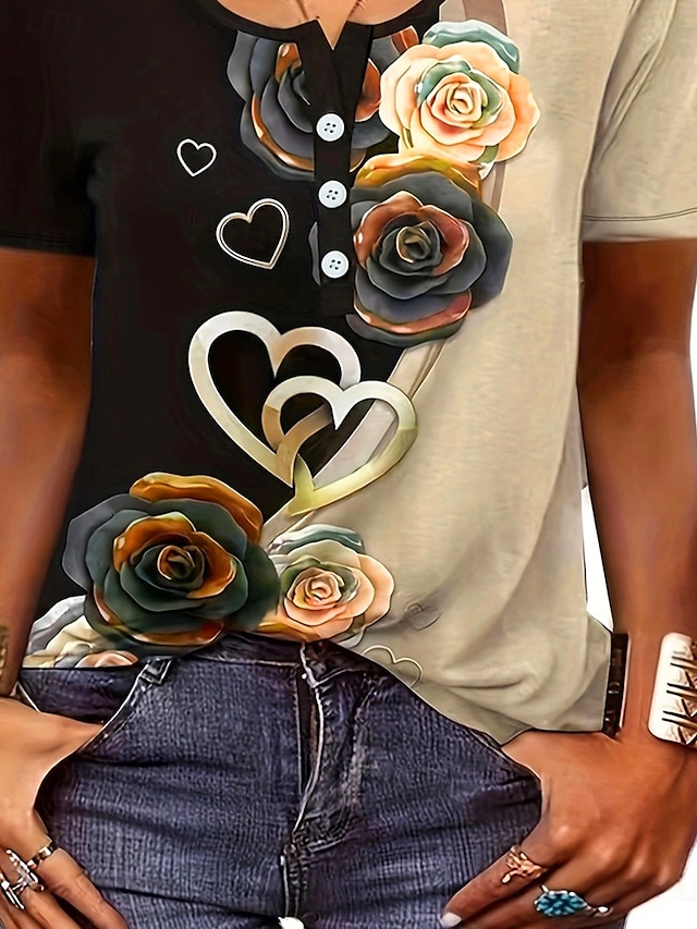 Women's T shirt Tee Ombre Floral Button Daily Casual Short Sleeve U Neck Rose Gold Summer