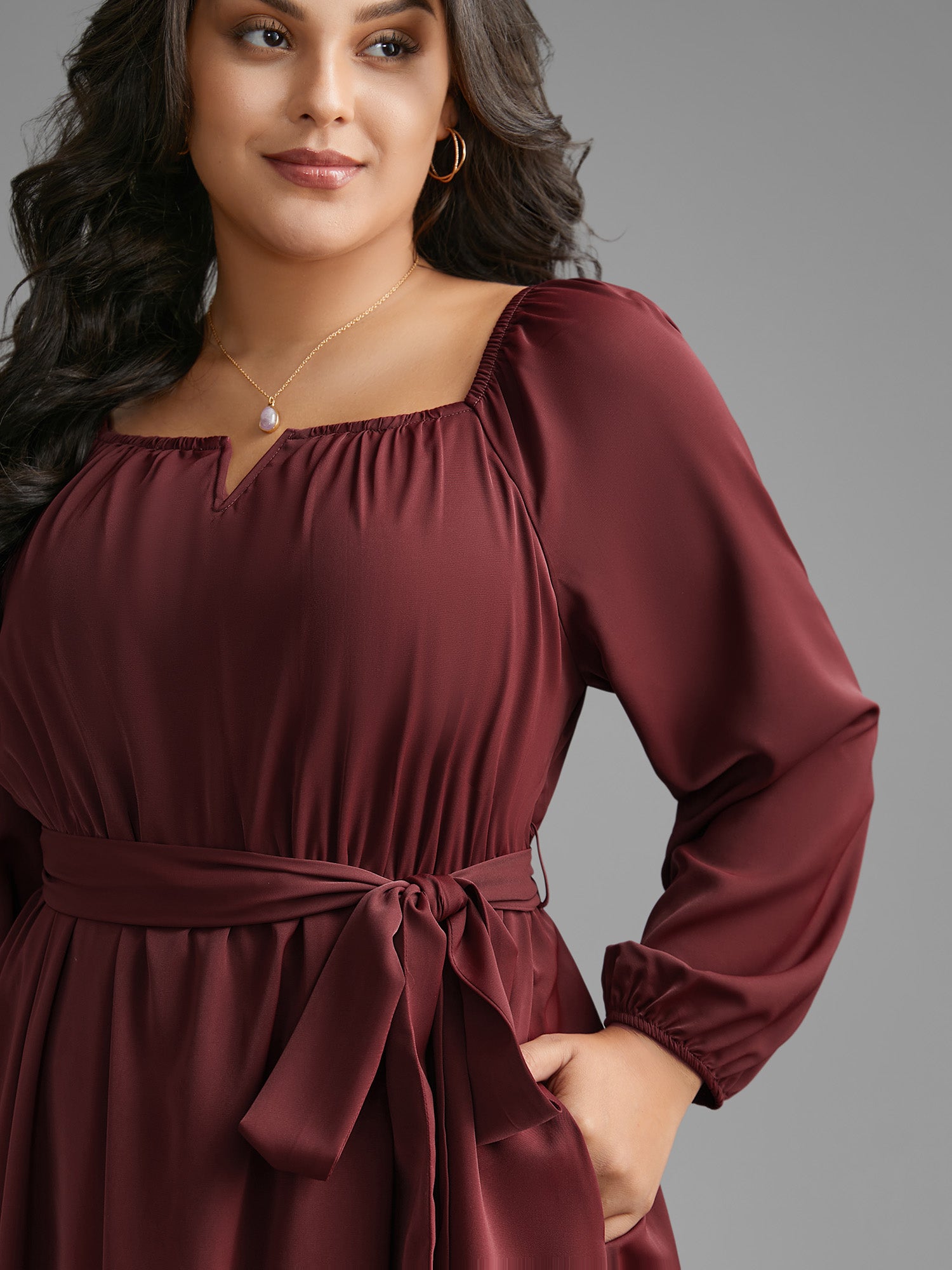 Square Neck Gathered Belted Midi Dress