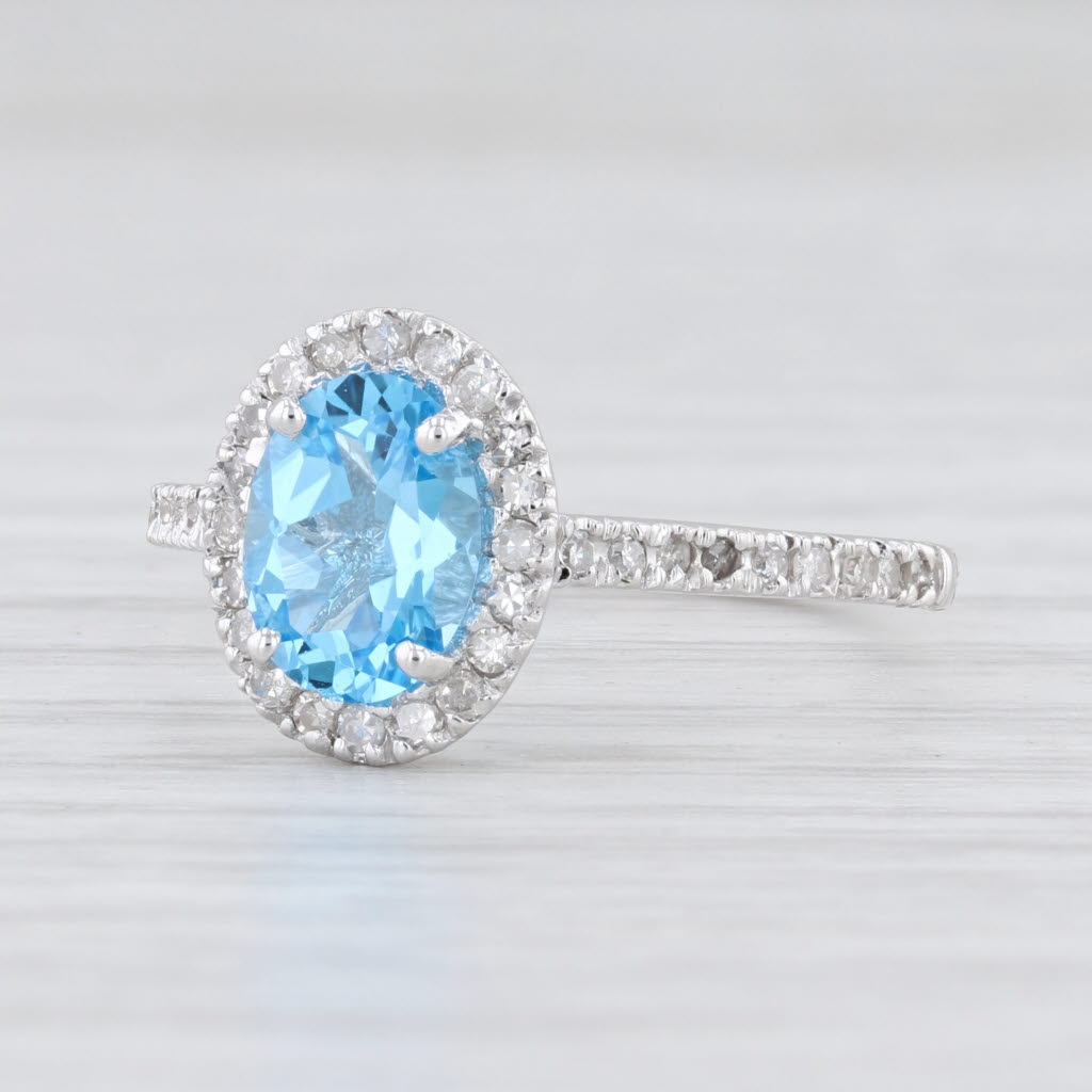New 1.90ctw Oval Blue Topaz Diamond Halo Ring 14k White Gold Size 7.5
