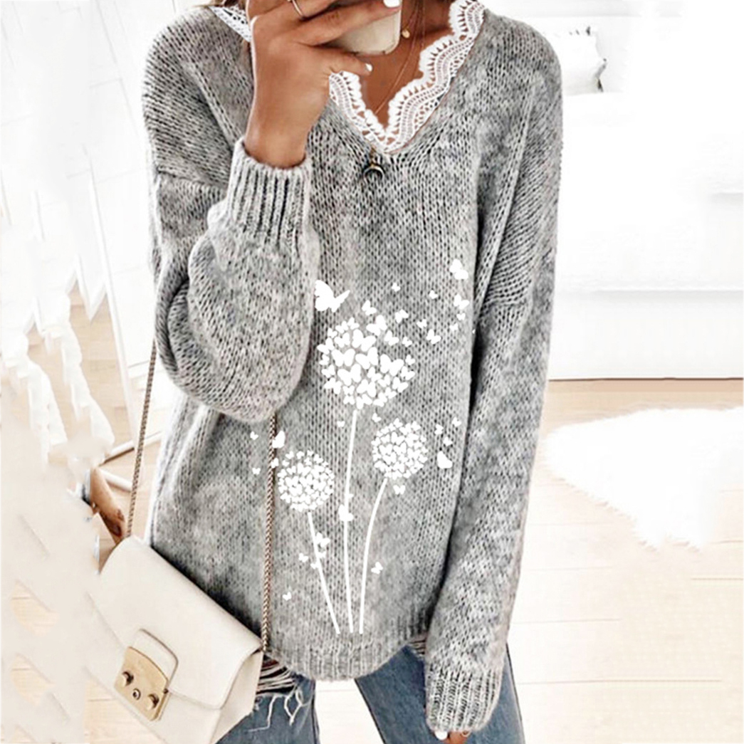 Lace Dandelion Print V-Neck Knitted Sweater