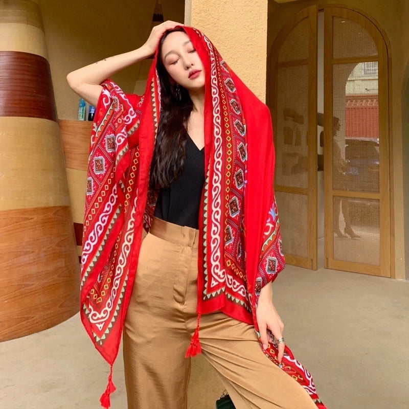 Ethnic Style Shawl Scarf Dual-use Sun Protection By The Sea Beach Scarf Red Large Gauze Scarf Female Desert Travel Photography Summer