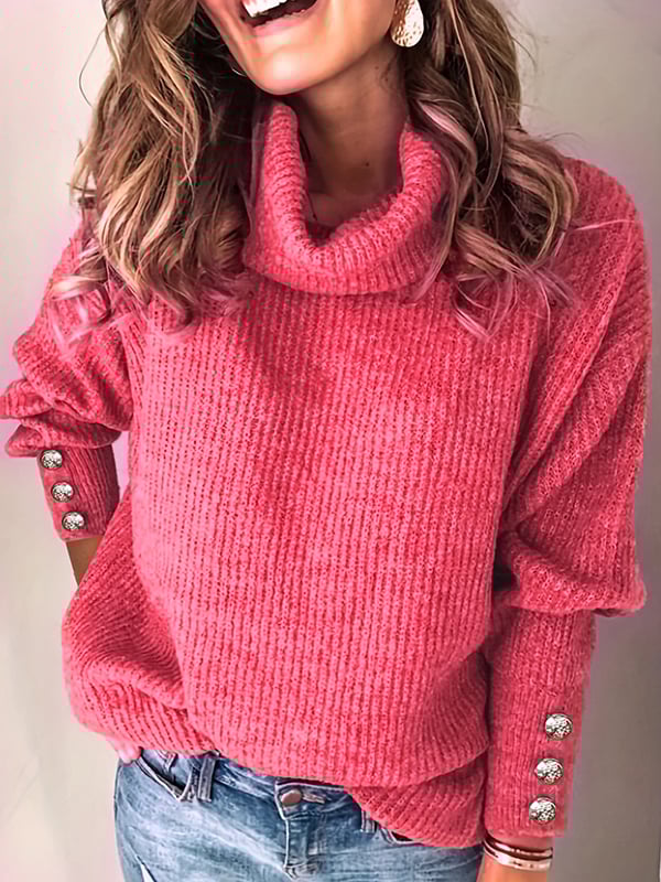 Long Sleeves Loose Buttoned Solid Color Split-Joint High Neck Pullovers Sweater Tops