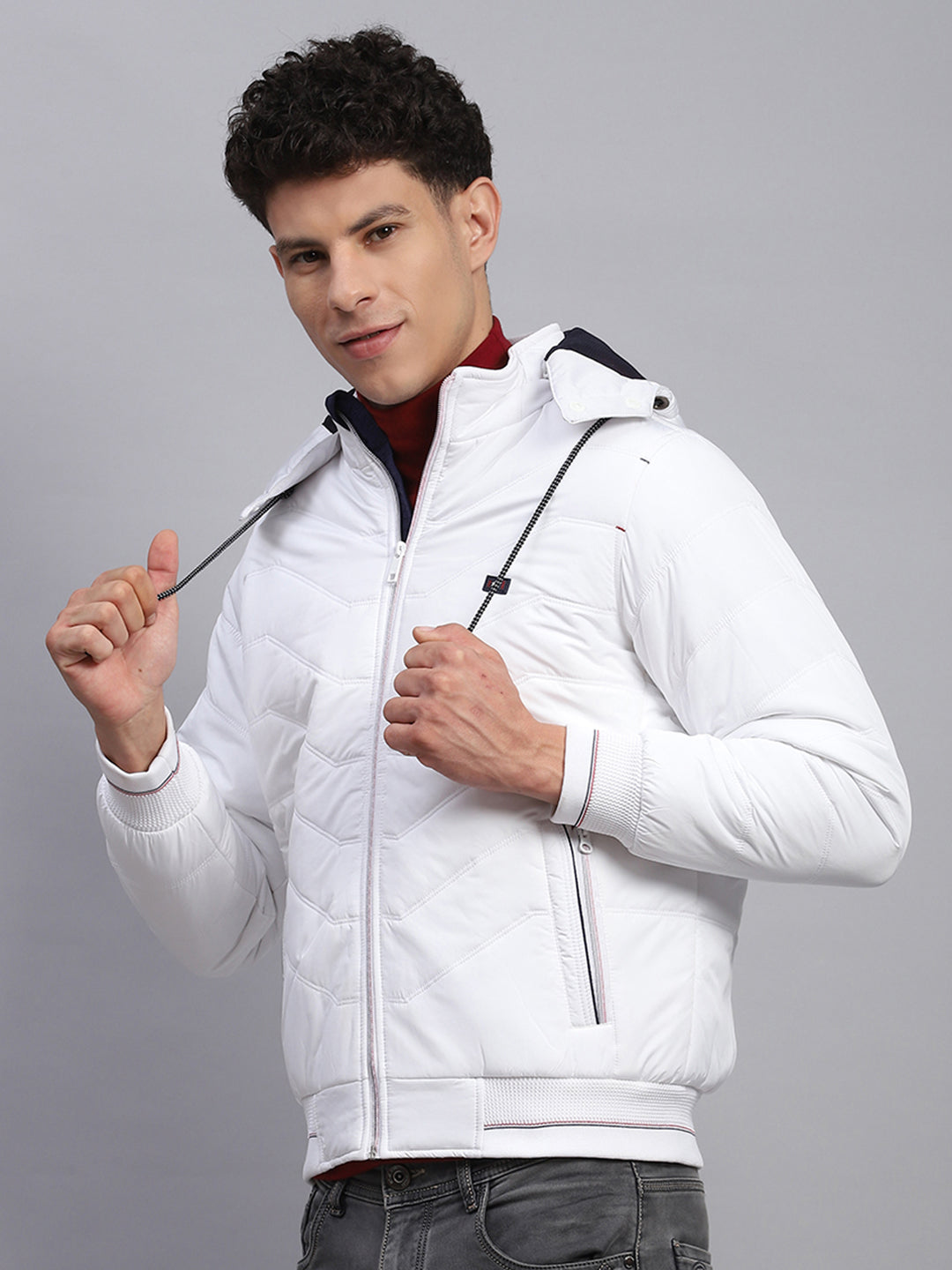 Men White Solid Detachable Hood Full Sleeve Jacket