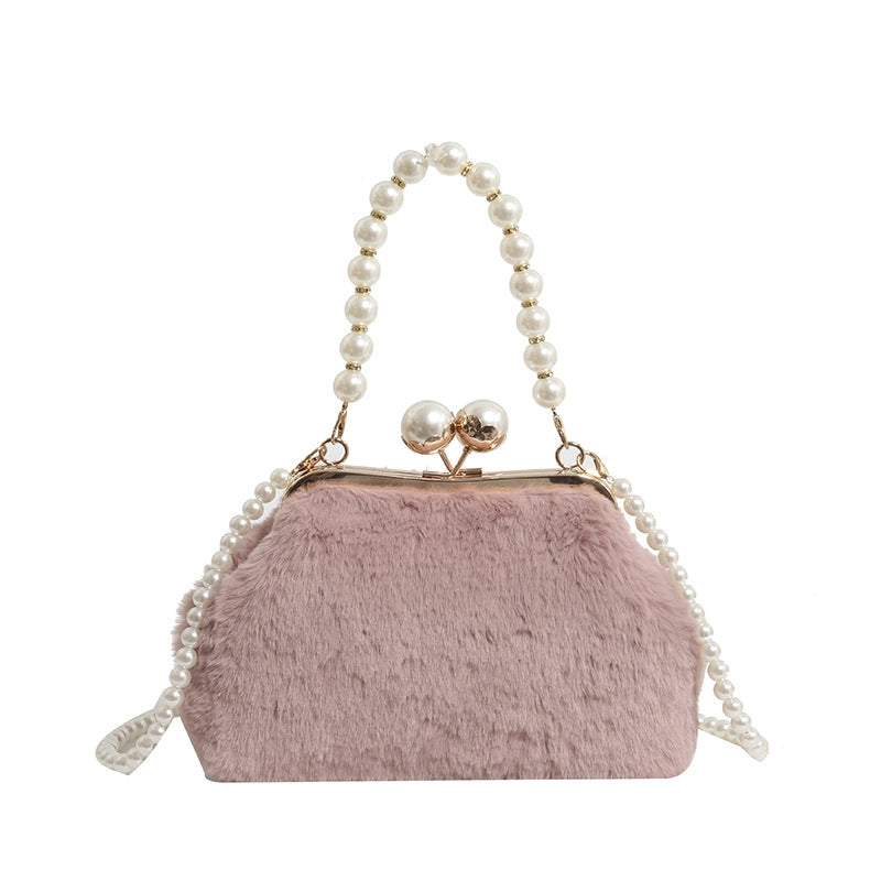 Women's Plush Solid Color Elegant Basic Shell Lock Clasp Shoulder Bag Handbag
