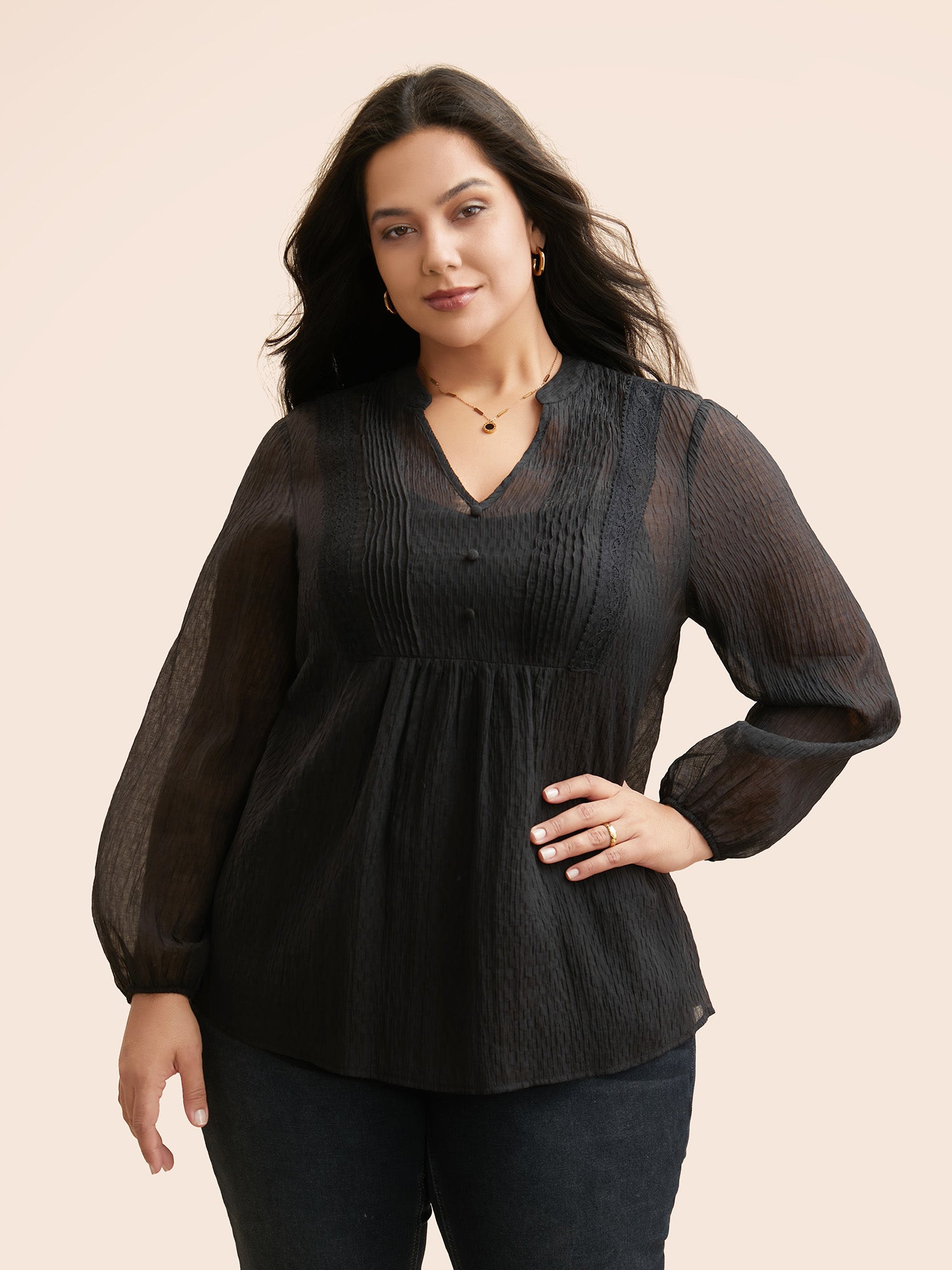 Textured Lace Panel Pleated Blouse