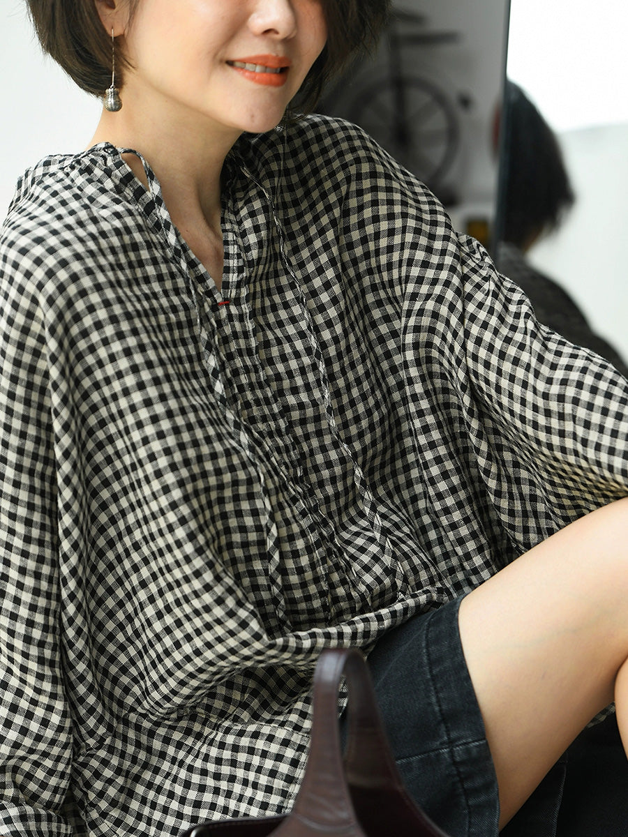Women Summer Retro Plaid 100%Linen V-Neck Shirt