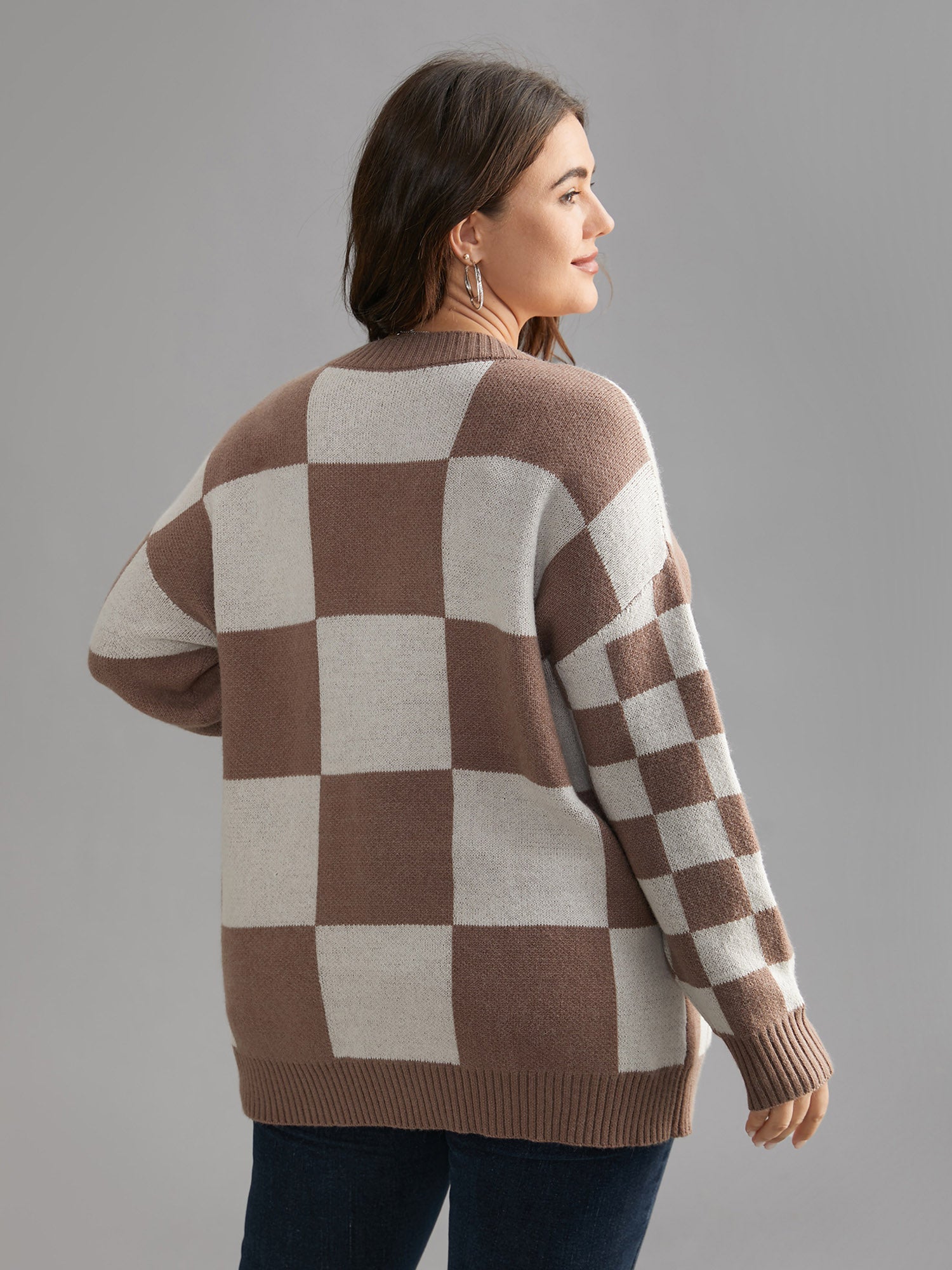 Checkered V-Neck Button Front Knit Cardigan