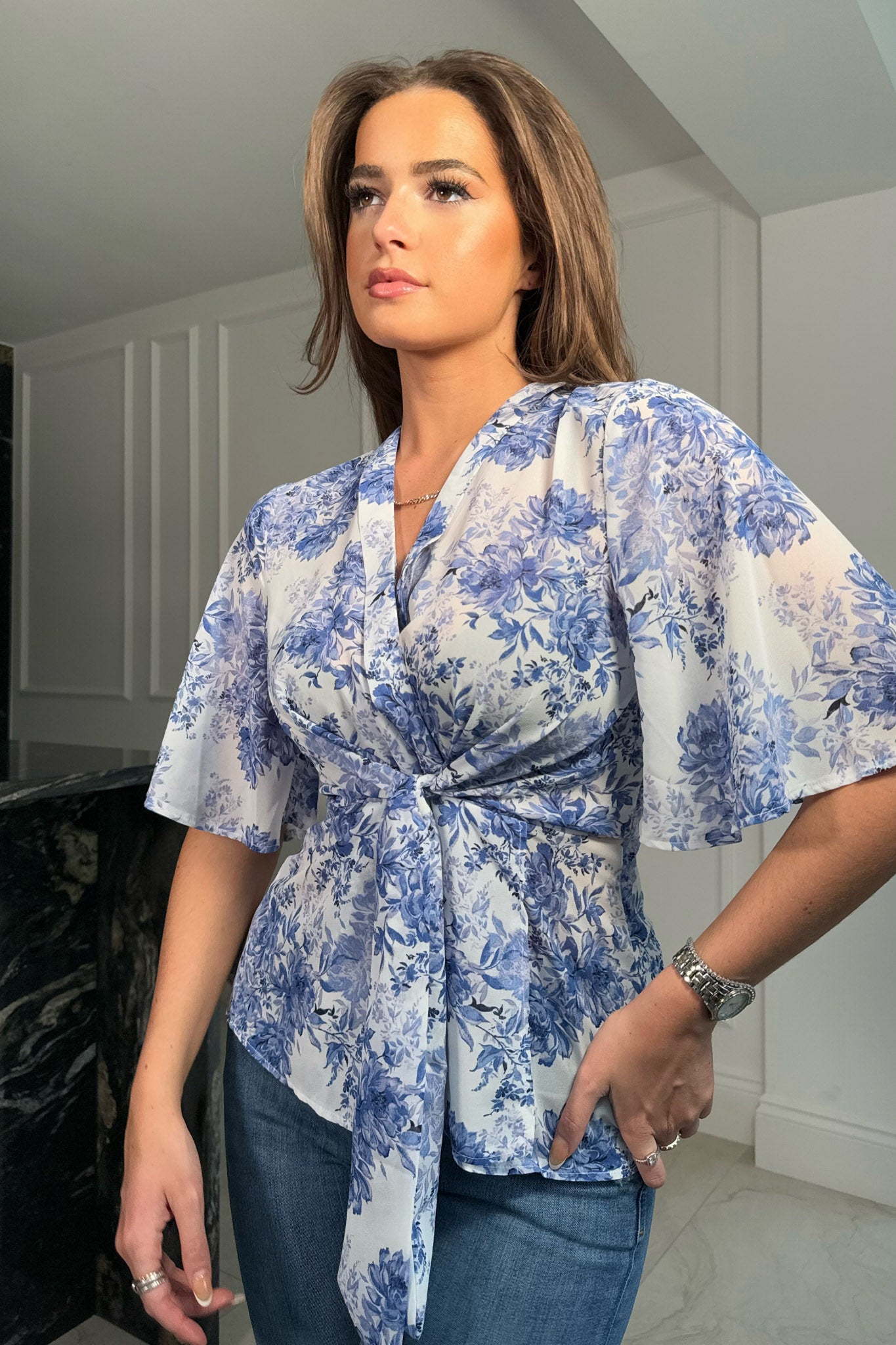 Brooke Wrap Tie Long Sleeve Blue White Print