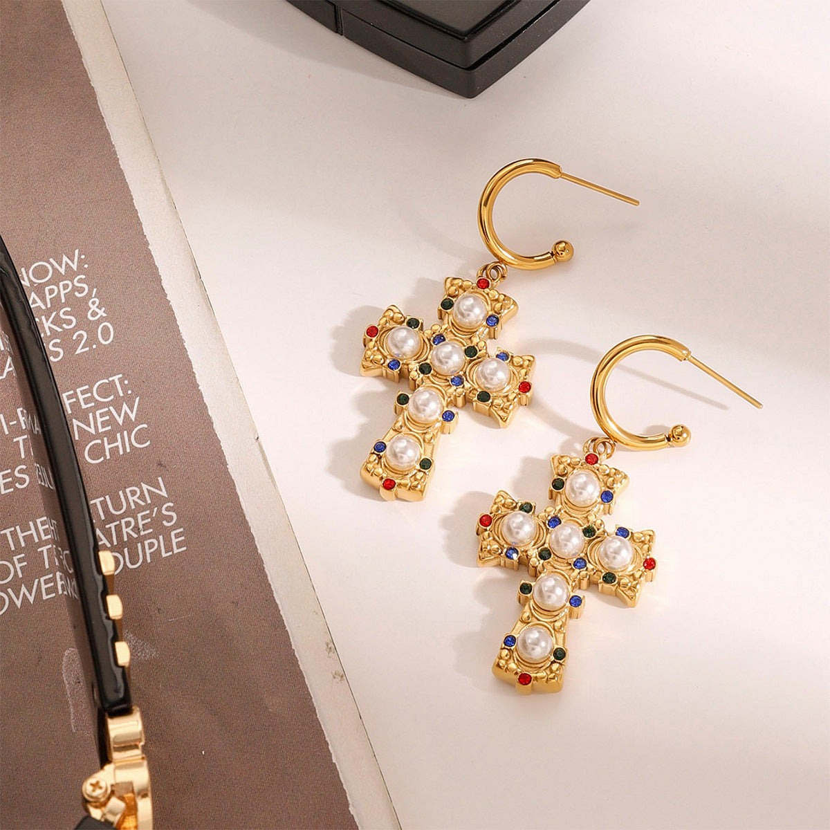 Stainless Steel Colored Diamond Cross Earrings Personalized Earrings Titanium Steel Earrings