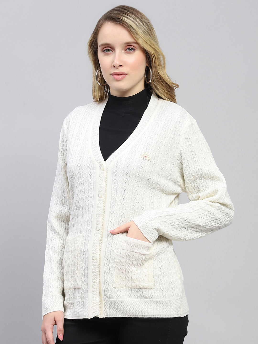 Women White Self Design V Neck Full Sleeve Cardigan