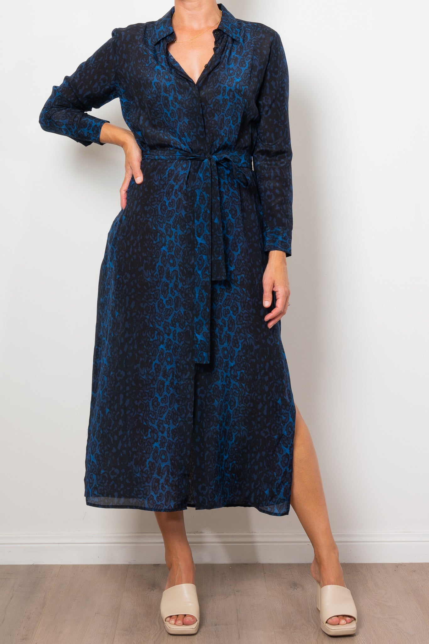 Mela Purdie Tie Shirt Dress Sapphire Leopard Silk Print