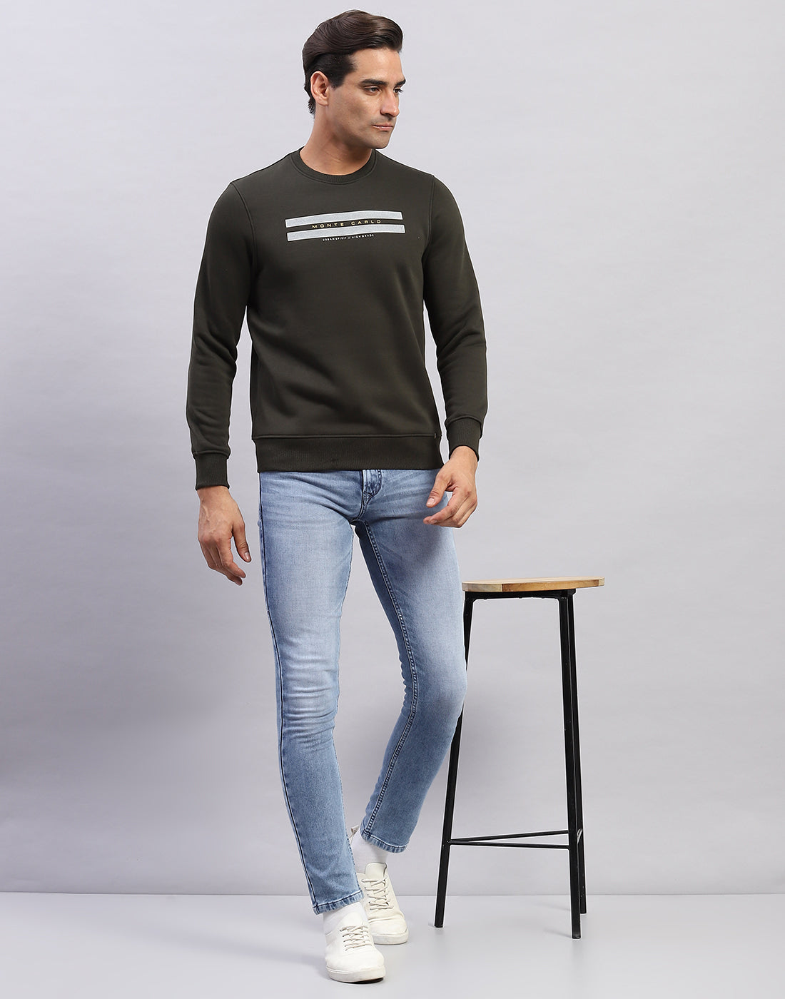 Men Olive Printed Round Neck Full Sleeve Sweatshirt