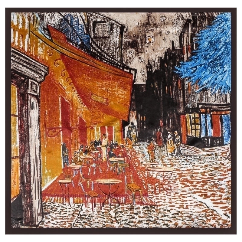 90cm Oil Painting Coffee House Alley Satin Ladies Large Square Scarf